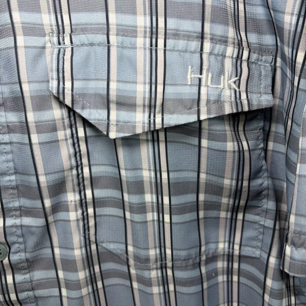 Huk Performance Short Sleeve Button Down Fishing Shirt Mens Large Blue Plaid